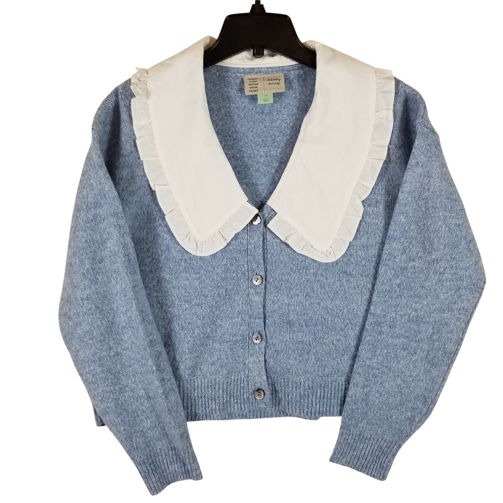 Anthropologie Saturday Sunday‎ Cardigan Women XS Blue Ruffle Peter Pan Collar